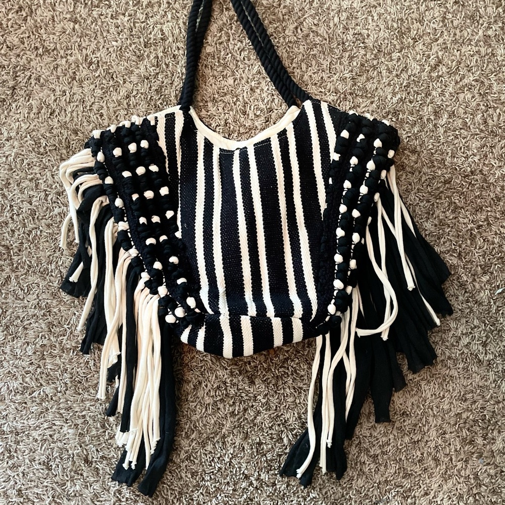 SOLD Black and White Striped Fringe Bag
